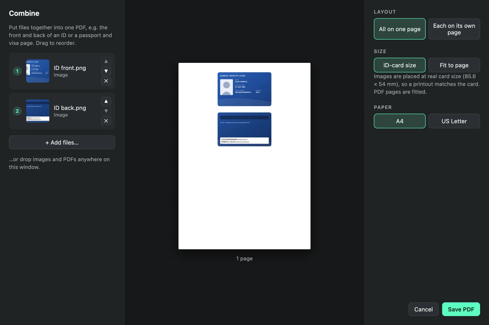 Orbo's Combine window with the front and back of a sample ID card on one A4 page