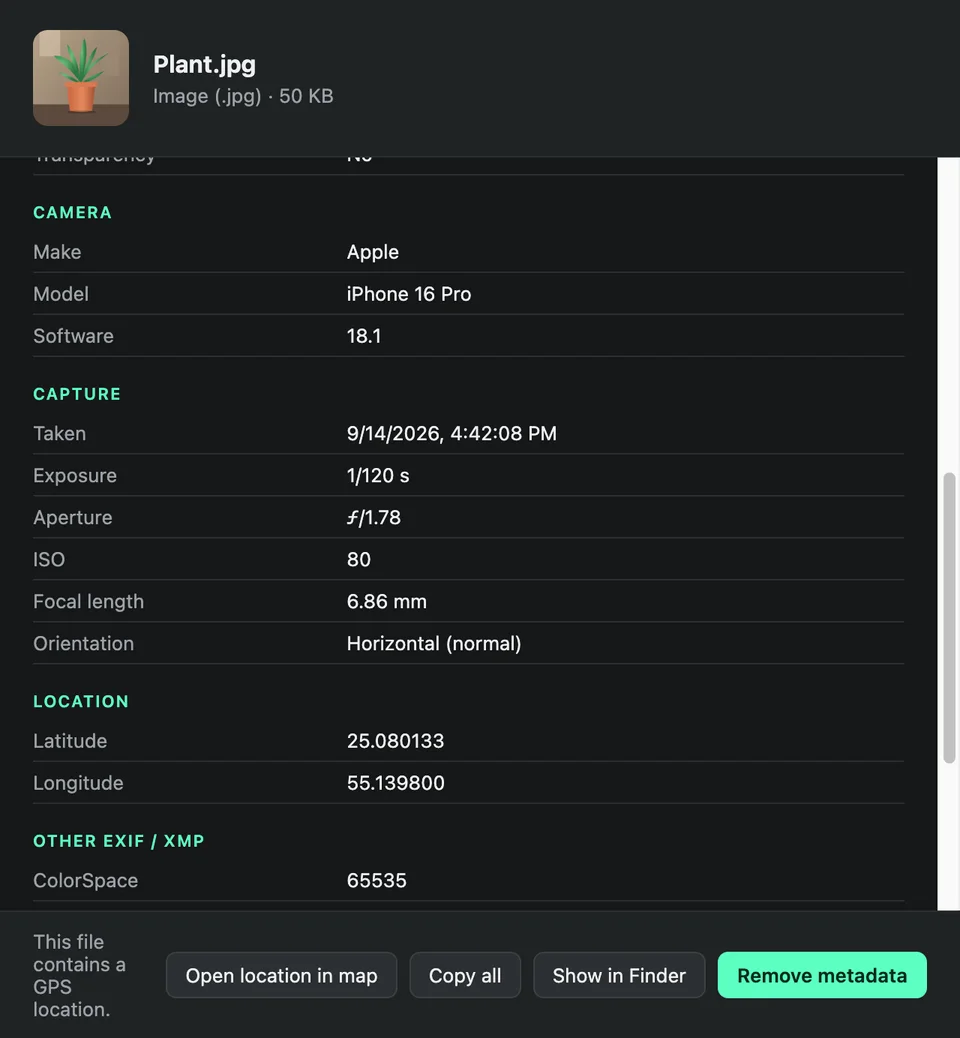 Orbo's Metadata window listing a photo's camera and capture details