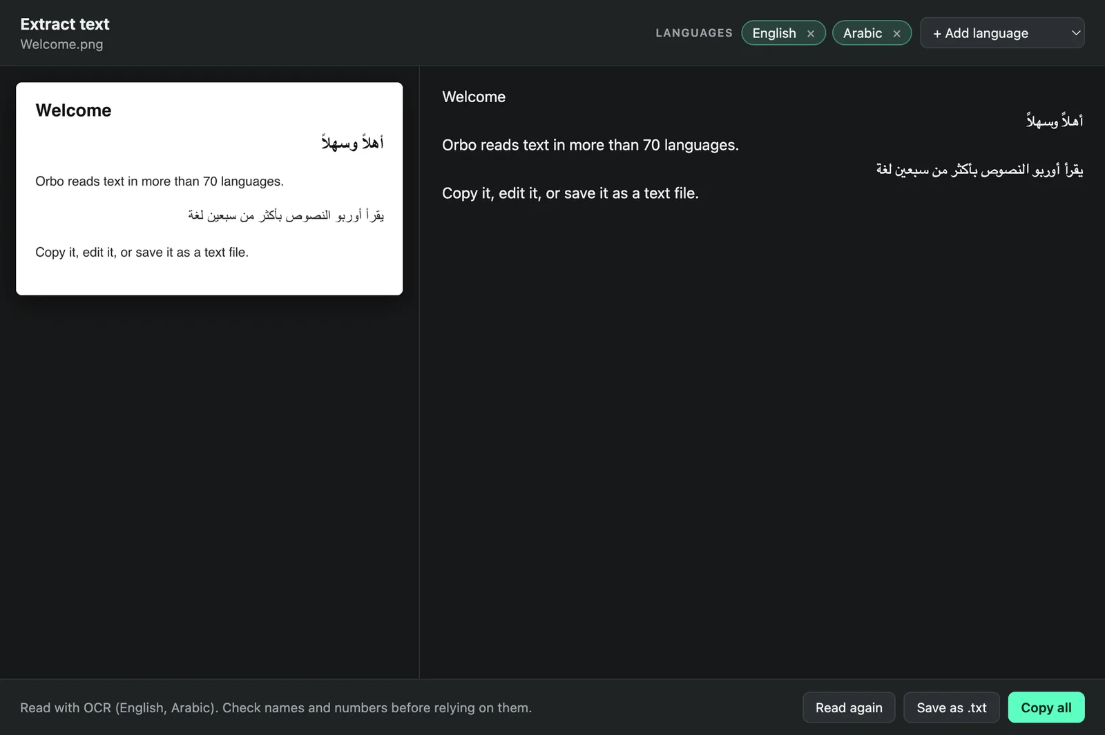 Orbo's Extract text window showing English and Arabic text read from an image